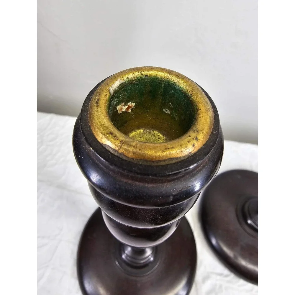 Antique 1900's Dark Wood Candlestick Holders Pair Ornate Brass‎ Top Elegant